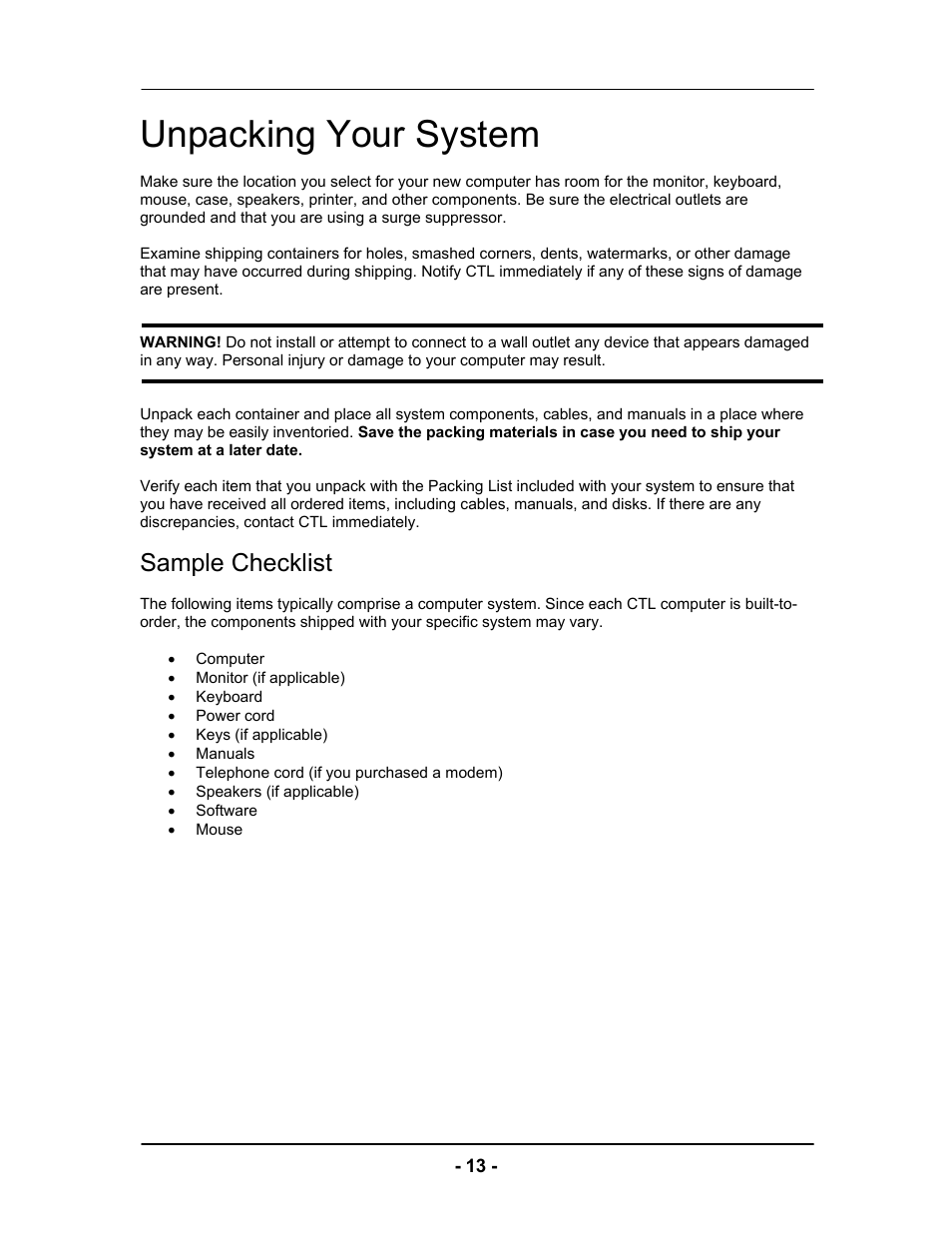 Unpacking your system, Sample checklist | Computer Tech Link Vector User Manual | Page 13 / 44
