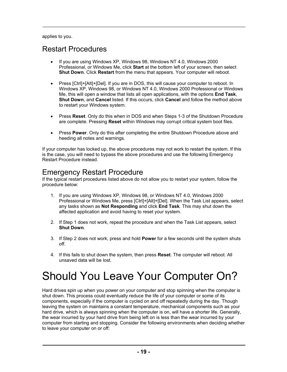 Should you leave your computer on, Restart procedures, Emergency restart procedure | Computer Tech Link Vector User Manual | Page 19 / 44