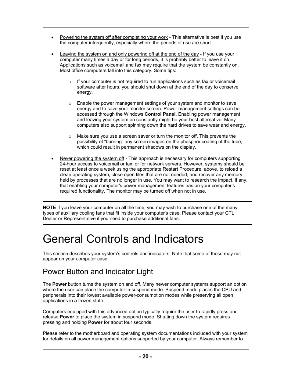 General controls and indicators, Power button and indicator light | Computer Tech Link Vector User Manual | Page 20 / 44