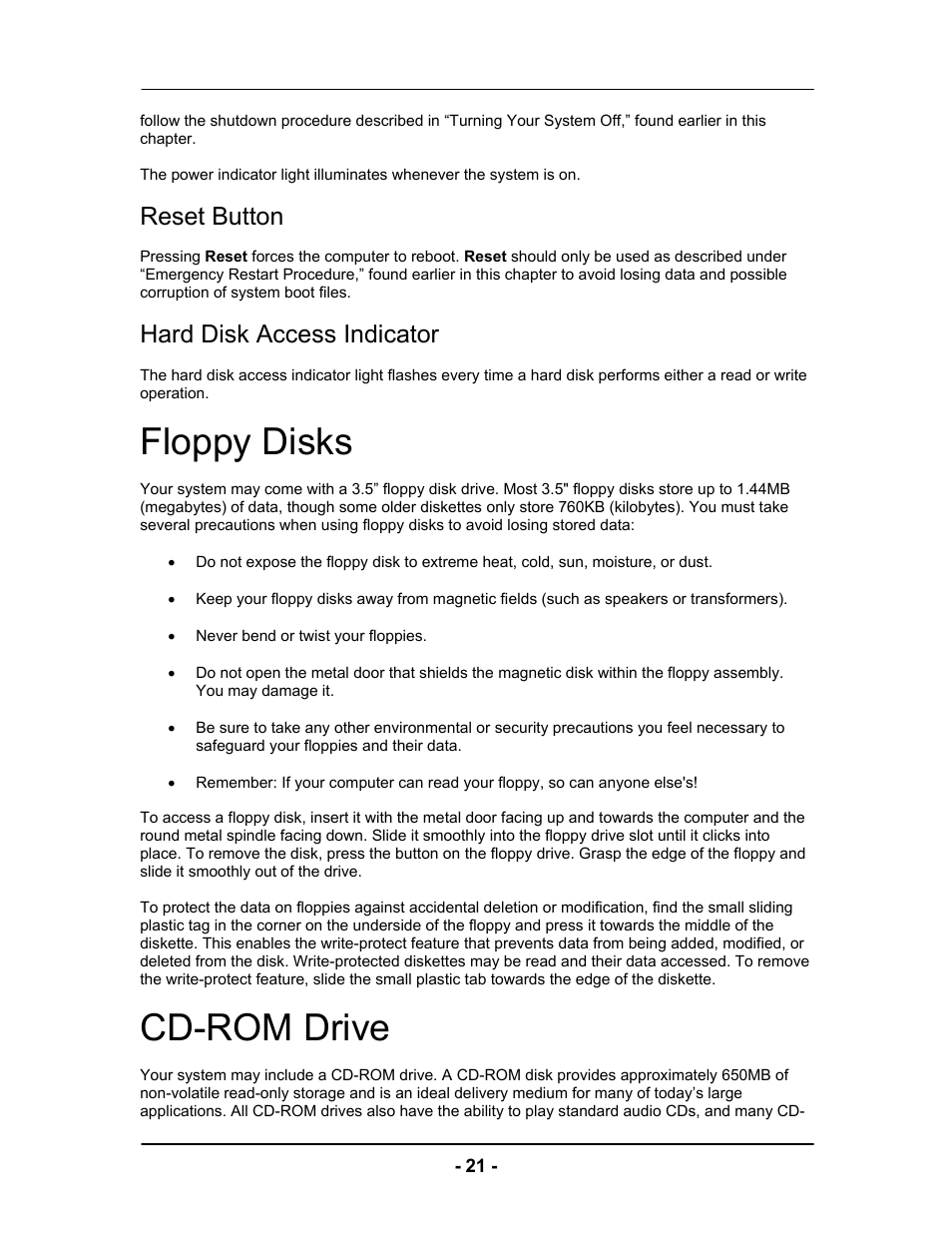 Floppy disks, Cd-rom drive, Reset button | Hard disk access indicator | Computer Tech Link Vector User Manual | Page 21 / 44