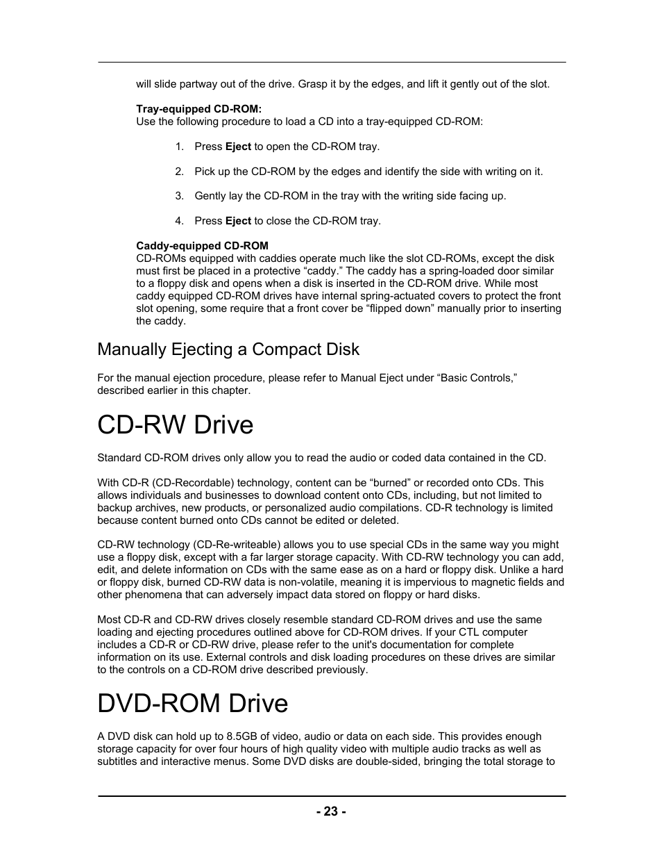 Cd-rw drive, Dvd-rom drive, Manually ejecting a compact disk | Computer Tech Link Vector User Manual | Page 23 / 44