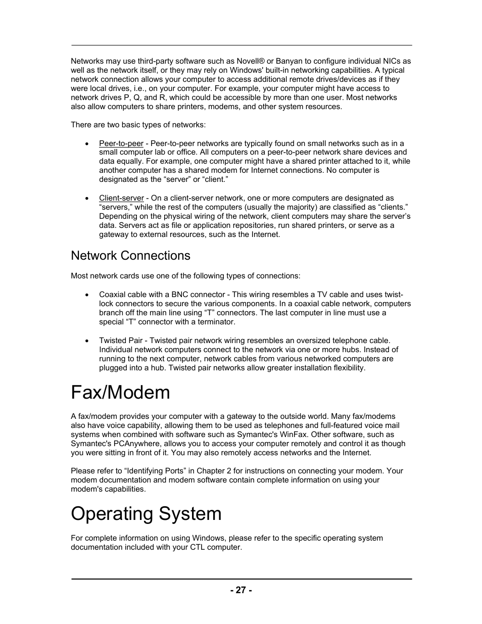 Fax/modem, Operating system, Network connections | Computer Tech Link Vector User Manual | Page 27 / 44