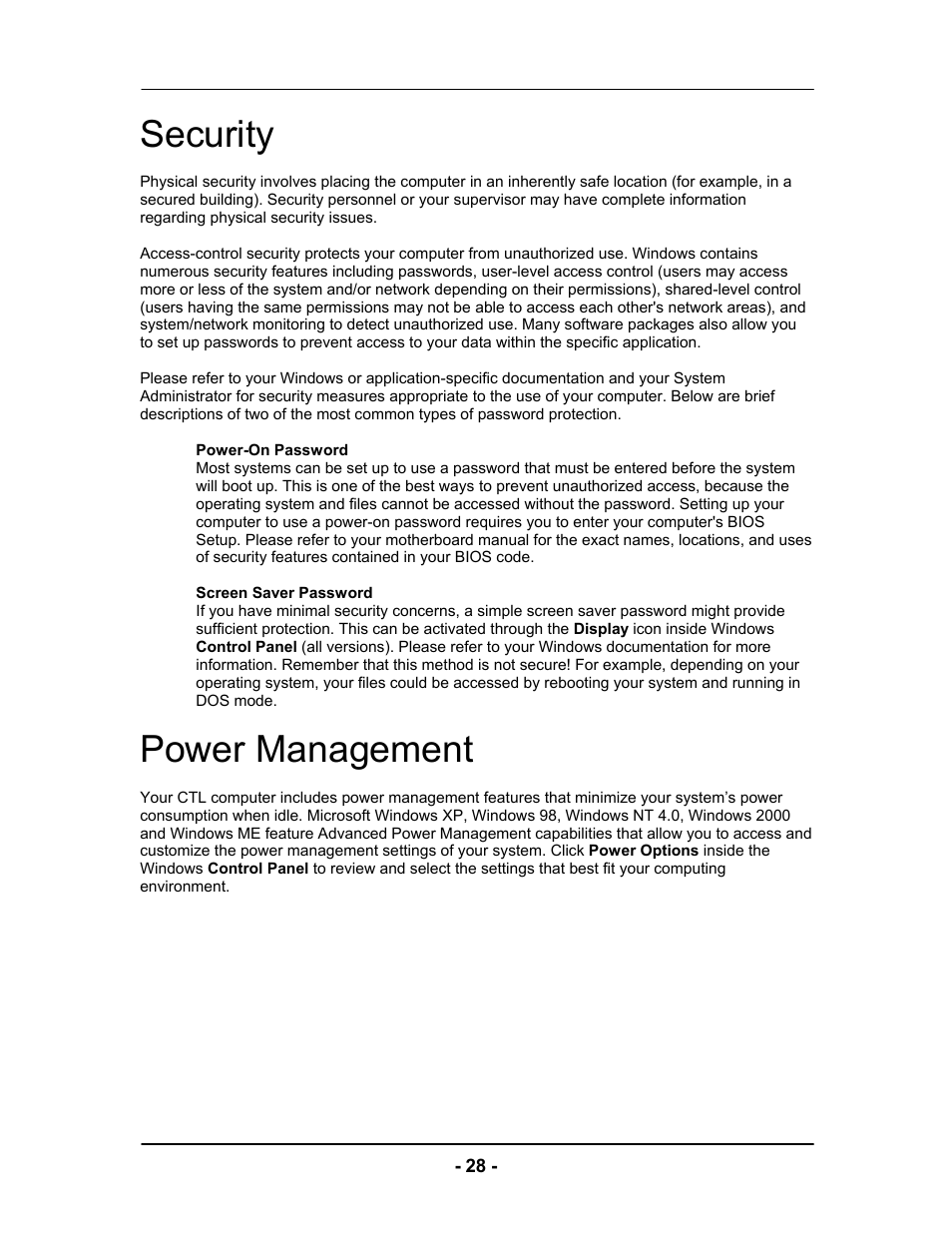 Security, Power management | Computer Tech Link Vector User Manual | Page 28 / 44