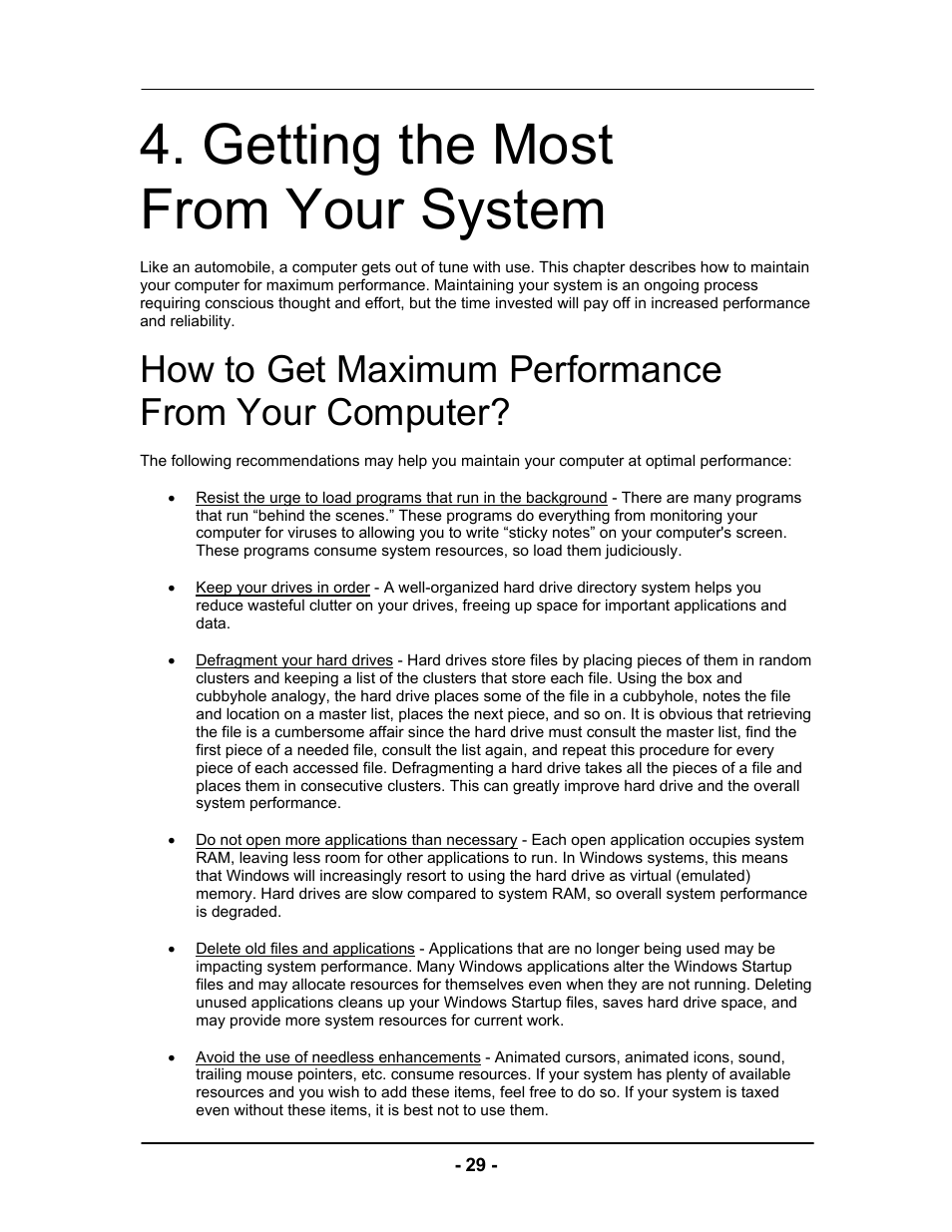 Getting the most from your system, How to get maximum performance from your computer | Computer Tech Link Vector User Manual | Page 29 / 44