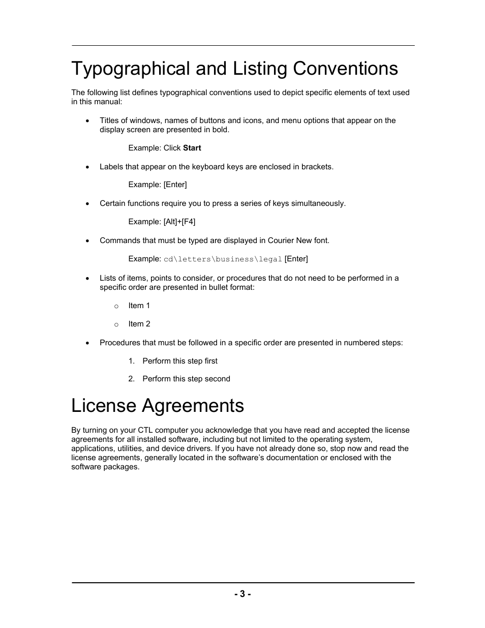 Typographical and listing conventions, License agreements | Computer Tech Link Vector User Manual | Page 3 / 44