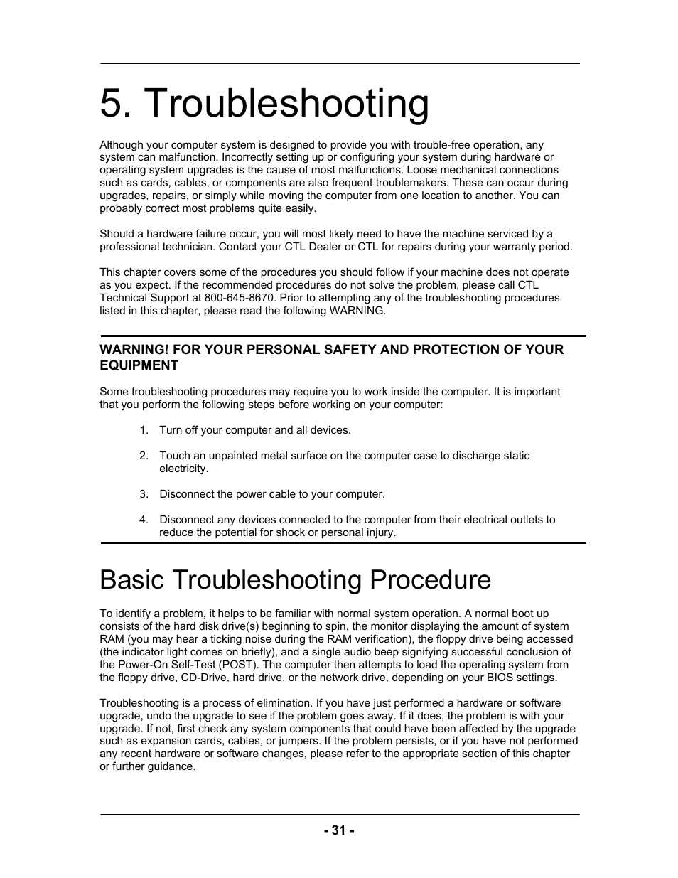 Troubleshooting, Basic troubleshooting procedure | Computer Tech Link Vector User Manual | Page 31 / 44