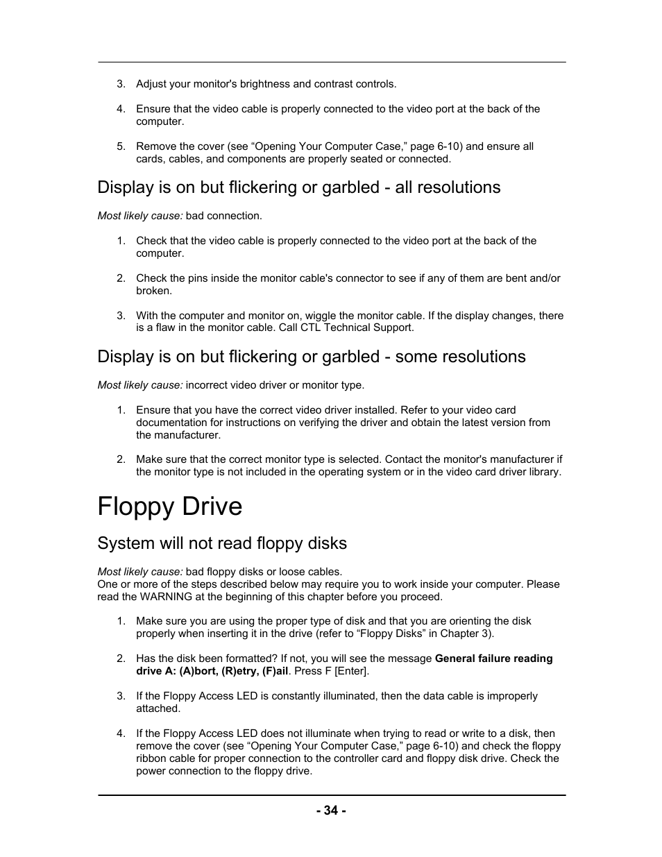 Floppy drive, System will not read floppy disks | Computer Tech Link Vector User Manual | Page 34 / 44