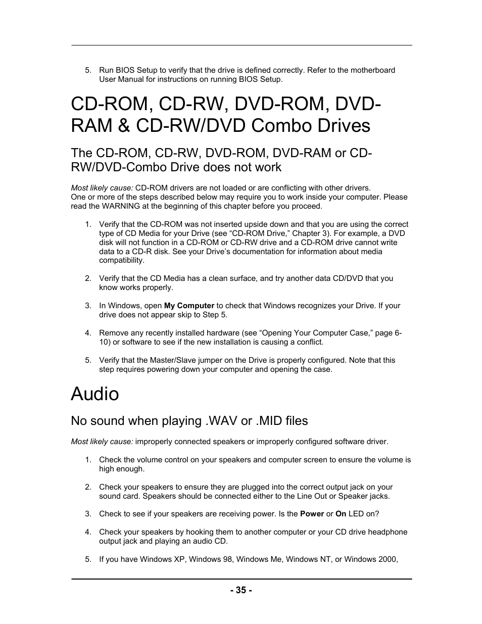 Audio, No sound when playing .wav or .mid files | Computer Tech Link Vector User Manual | Page 35 / 44