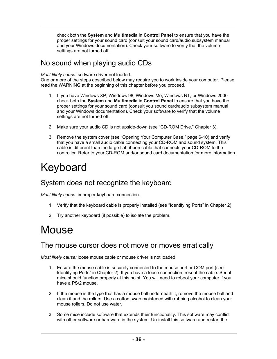 Keyboard, Mouse, No sound when playing audio cds | System does not recognize the keyboard | Computer Tech Link Vector User Manual | Page 36 / 44