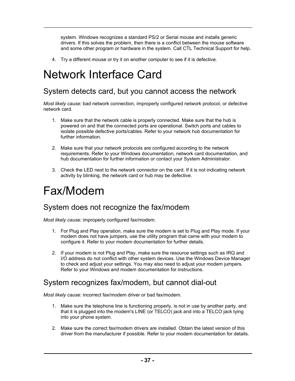 Network interface card, Fax/modem, System does not recognize the fax/modem | System recognizes fax/modem, but cannot dial-out | Computer Tech Link Vector User Manual | Page 37 / 44