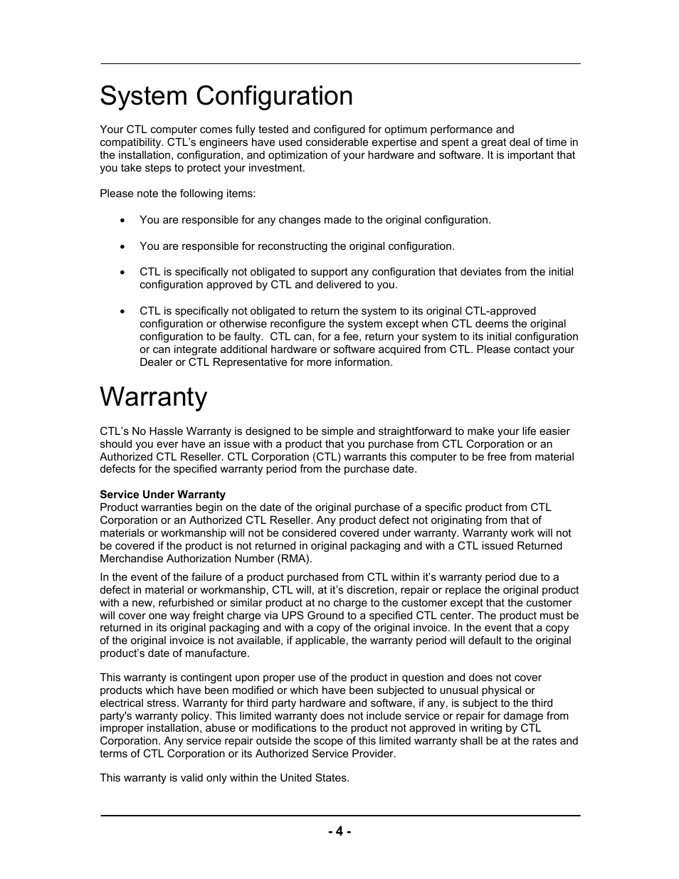 System configuration, Warranty | Computer Tech Link Vector User Manual | Page 4 / 44