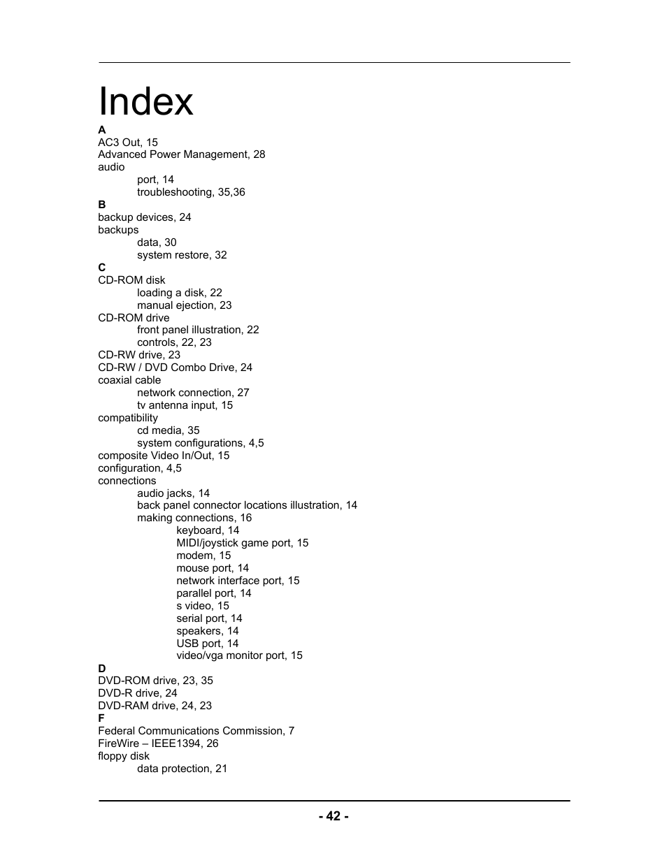 Index | Computer Tech Link Vector User Manual | Page 42 / 44