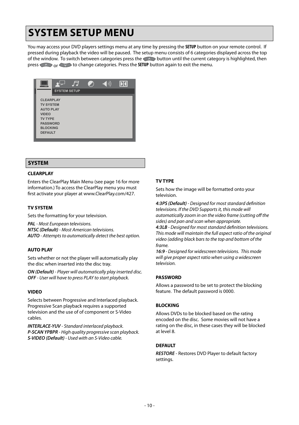 System setup menu, System | Clearplay CP-427-USB User Manual | Page 14 / 34