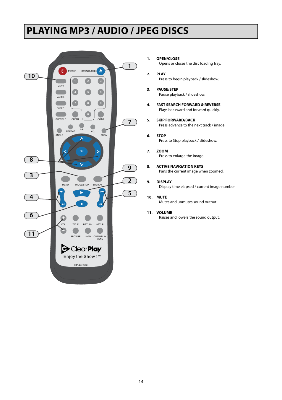 Playing mp3 / audio / jpeg discs | Clearplay CP-427-USB User Manual | Page 18 / 34