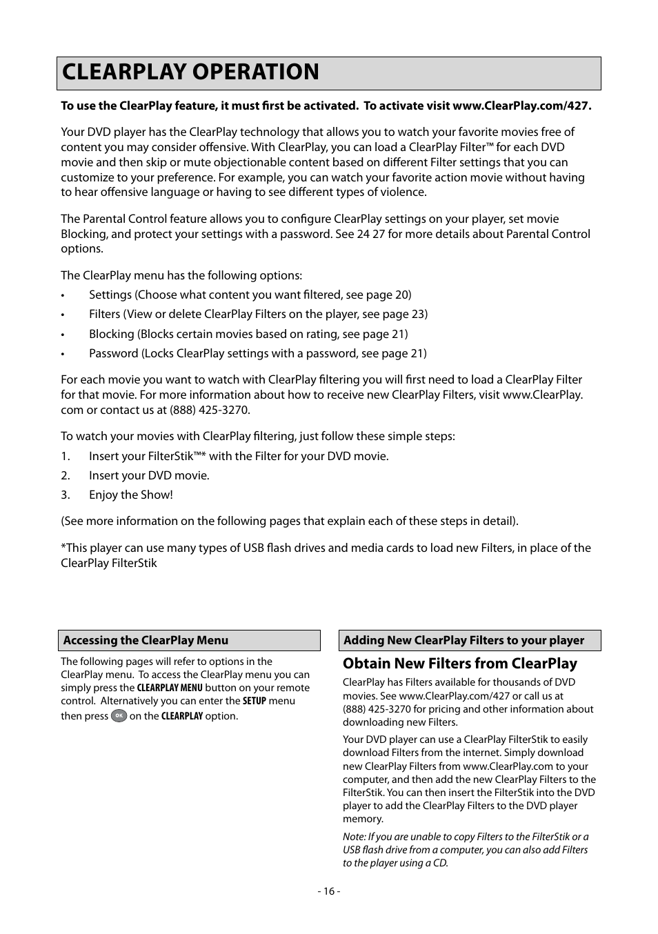 Clearplay operation, Obtain new filters from clearplay | Clearplay CP-427-USB User Manual | Page 20 / 34