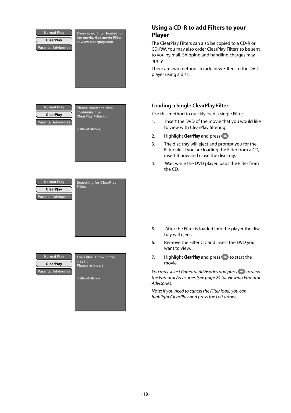 Using a cd-r to add filters to your player | Clearplay CP-427-USB User Manual | Page 22 / 34