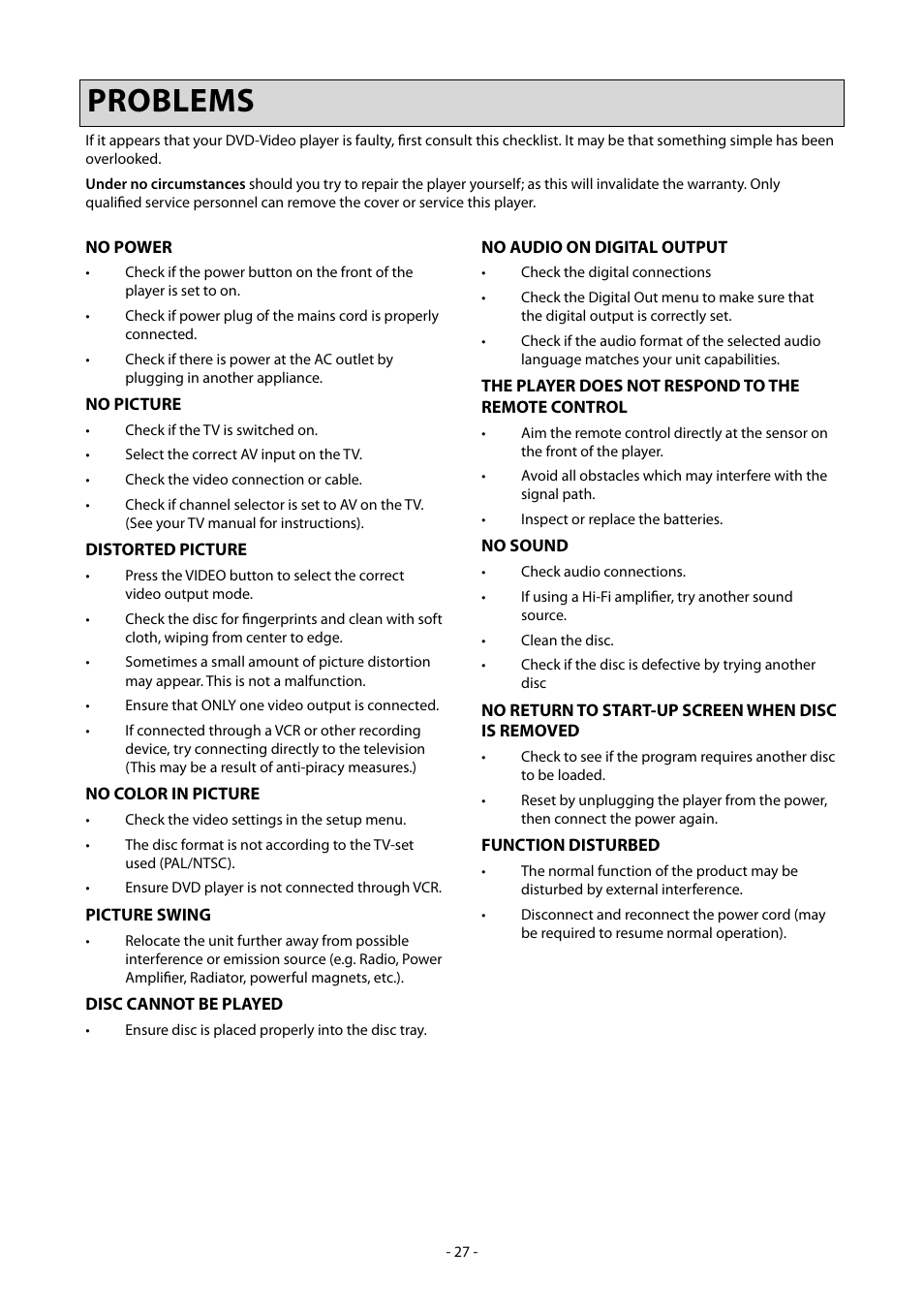 Problems | Clearplay CP-427-USB User Manual | Page 31 / 34