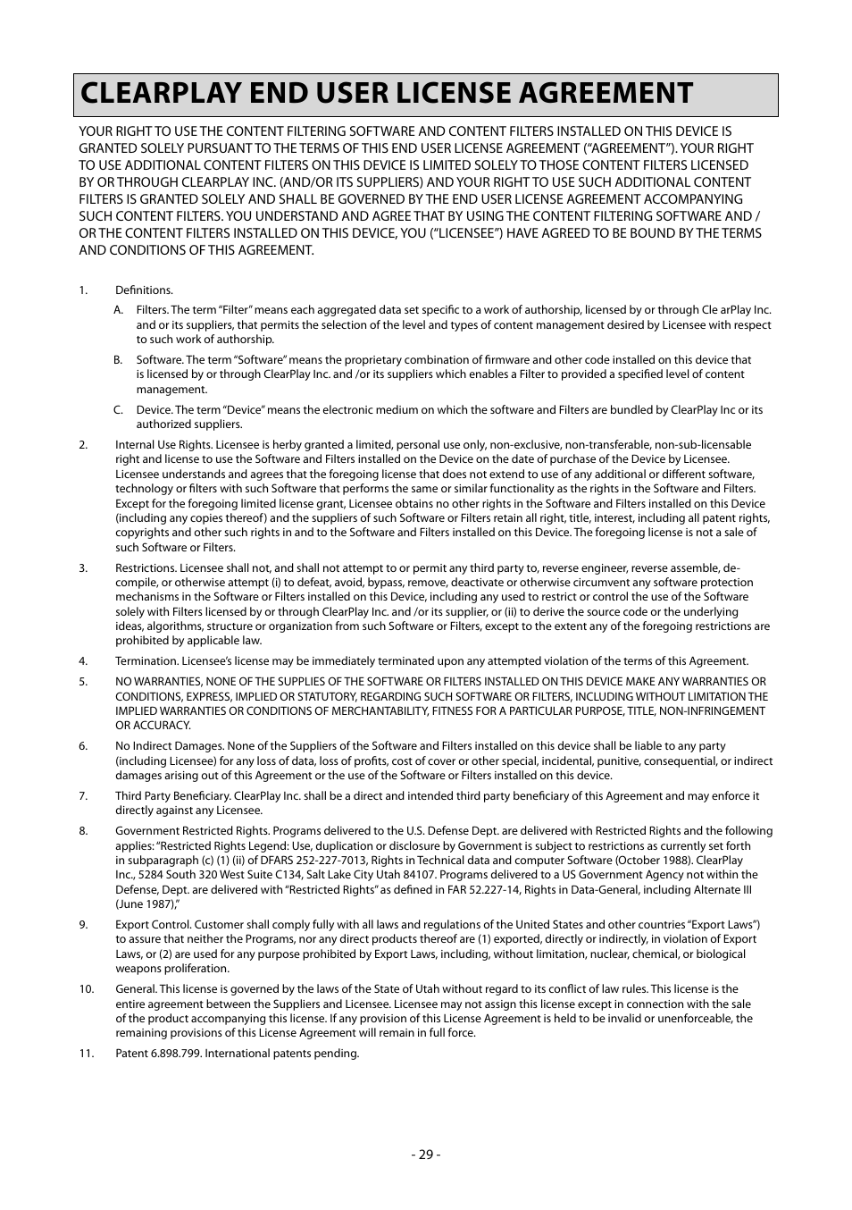 Clearplay end user license agreement | Clearplay CP-427-USB User Manual | Page 33 / 34