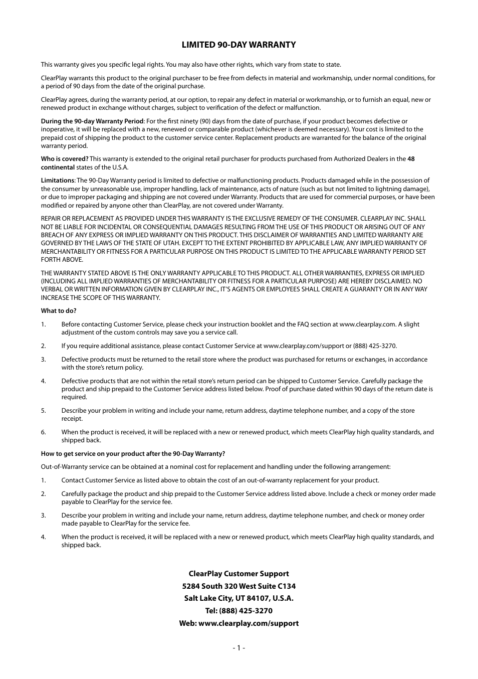 Limited 90-day warranty | Clearplay CP-427-USB User Manual | Page 5 / 34