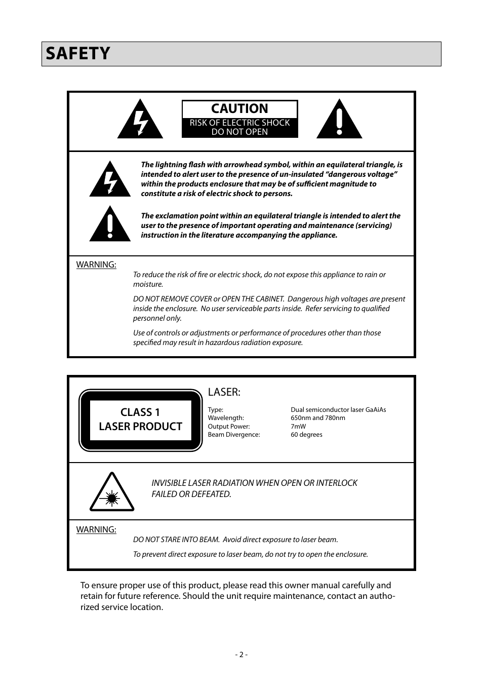 Safety, Caution, Laser | Class 1 laser product | Clearplay CP-427-USB User Manual | Page 6 / 34