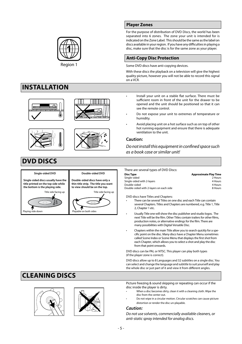 Installation dvd discs cleaning discs, Region 1 player zones anti-copy disc protection, Caution | Clearplay CP-427-USB User Manual | Page 9 / 34