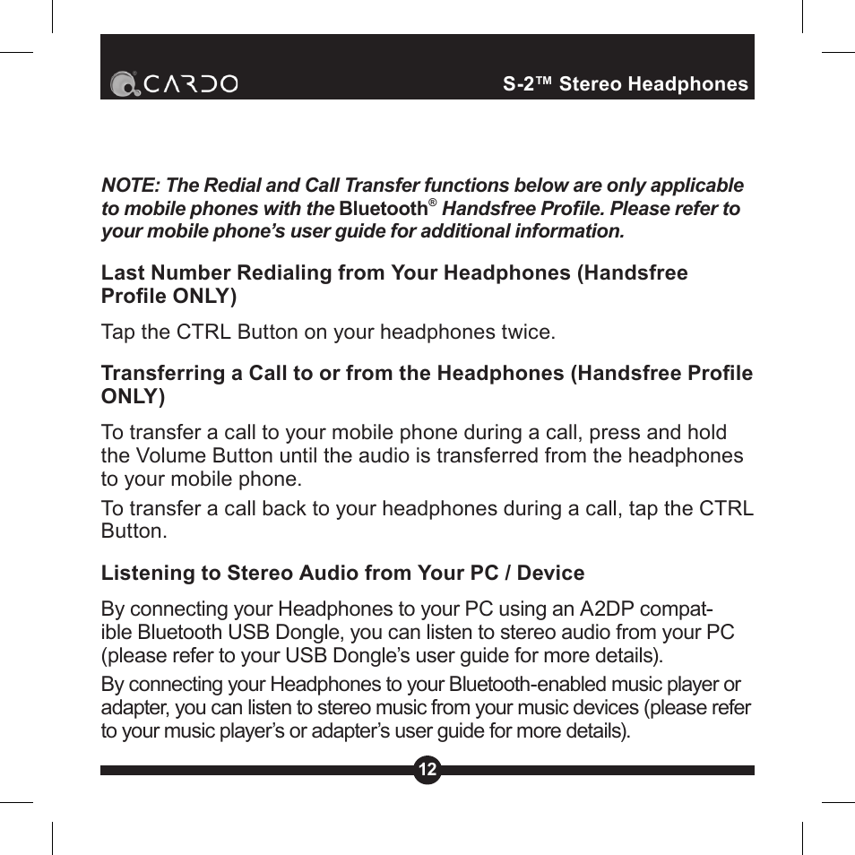 S-2 stereo headphones | Cardo Systems Cardo S-2 User Manual | Page 12 / 20