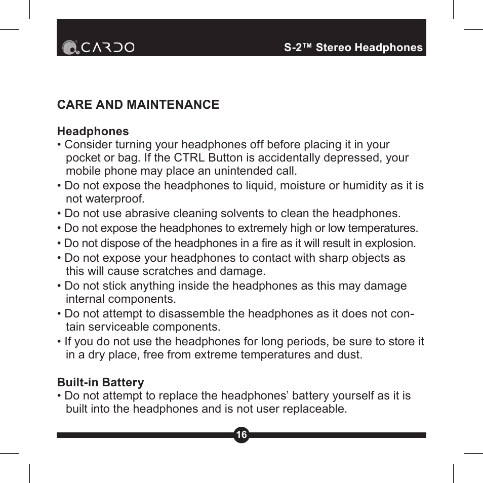 S-2 stereo headphones | Cardo Systems Cardo S-2 User Manual | Page 16 / 20
