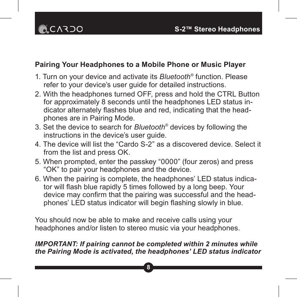 S-2 stereo headphones | Cardo Systems Cardo S-2 User Manual | Page 8 / 20