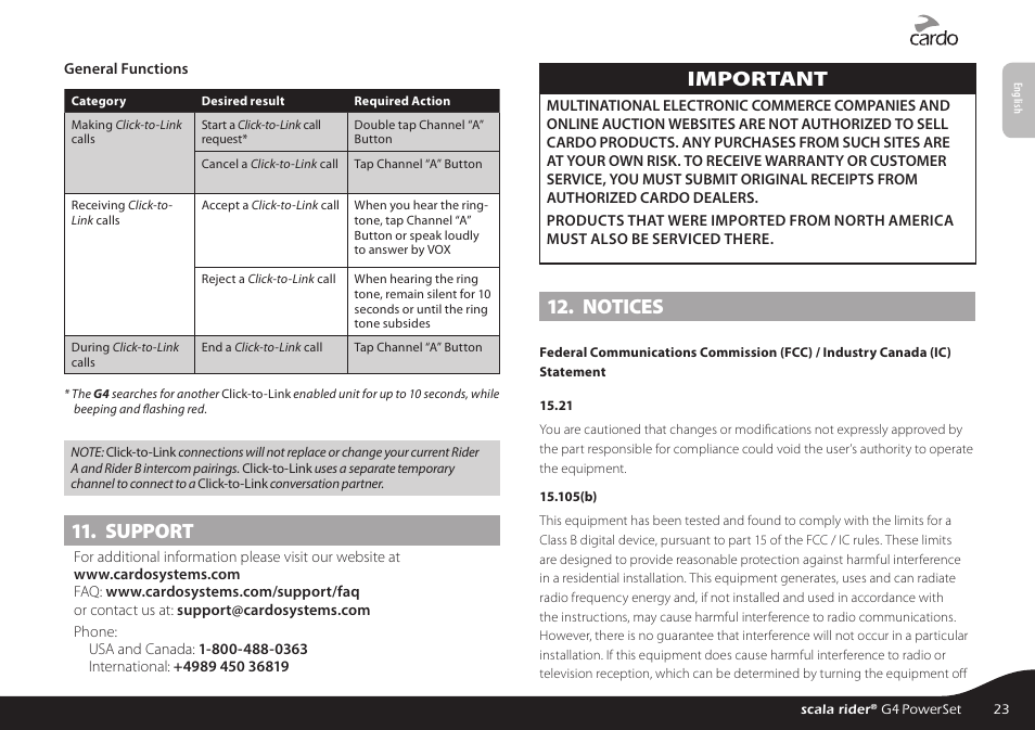 Support, Important, Notices | Cardo SCALA RIDER G4 User Manual | Page 23 / 28