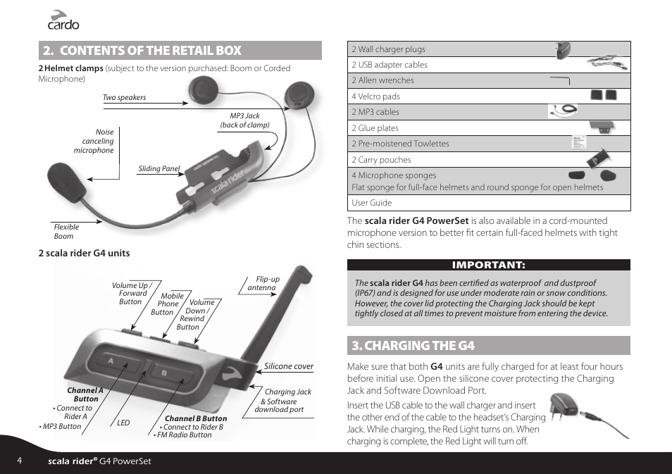 Contents of the retail box, Charging the g4, Basic setup and configuration | Cardo SCALA RIDER G4 User Manual | Page 4 / 28