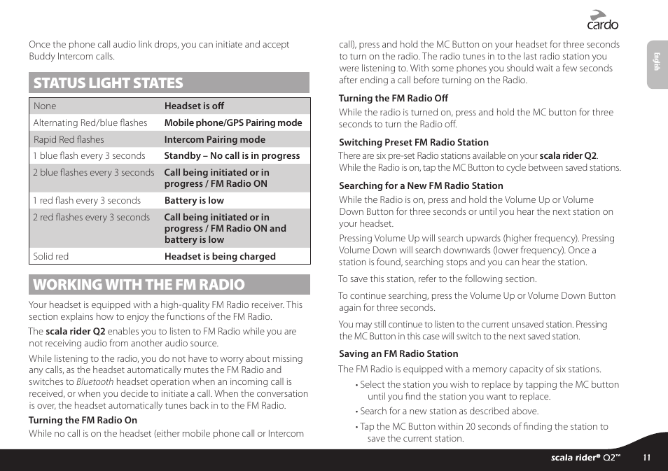 Status light states, Working with the fm radio | Cardo Q2 User Manual | Page 11 / 14