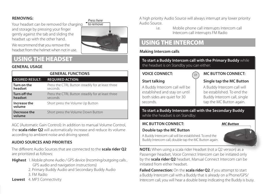 Using the headset, Using the intercom | Cardo Q2 User Manual | Page 9 / 14