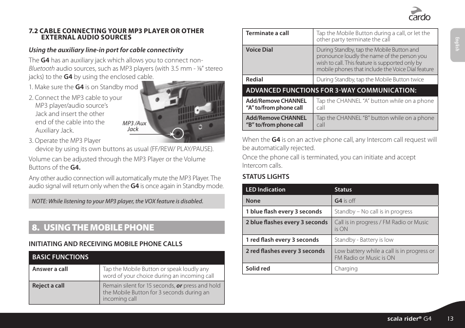 Using the mobile phone | Cardo G4 User Manual | Page 13 / 27