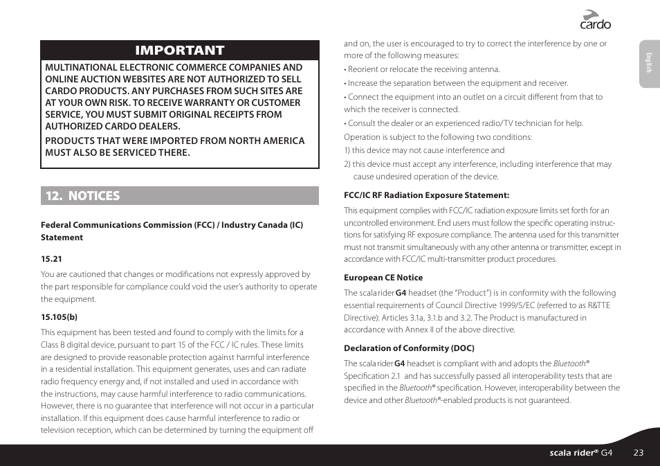 Important, Notices | Cardo G4 User Manual | Page 23 / 27