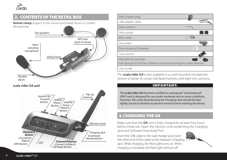 Contents of the retail box, Charging the g4, Basic setup and configuration | Cardo G4 User Manual | Page 4 / 27