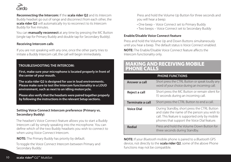 Making and receiving mobile phone calls | Cardo Systems SCALARIDER Q2 User Manual | Page 10 / 14