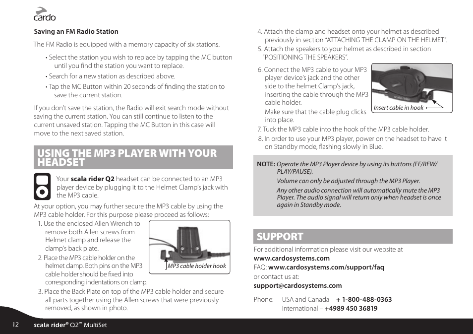 Using the mp3 player with your headset, Support | Cardo Systems SCALARIDER Q2 User Manual | Page 12 / 14