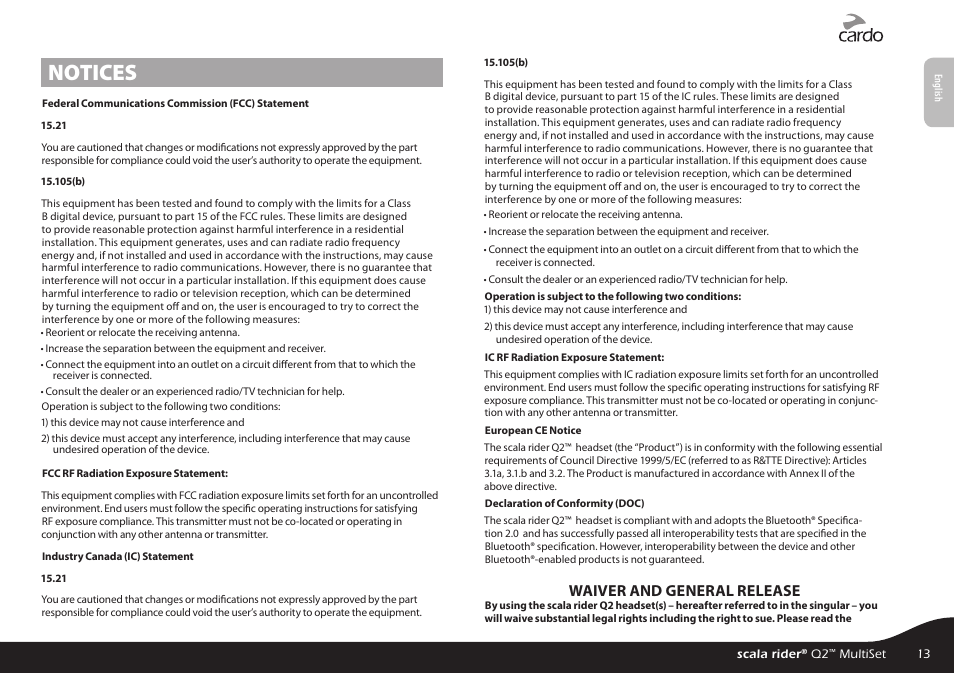 Notices, Waiver and general release | Cardo Systems SCALARIDER Q2 User Manual | Page 13 / 14