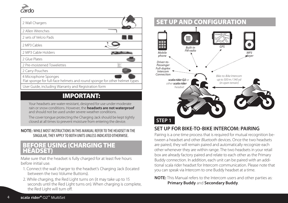 Before using (charging theheadset), Set up and configuration, Important | Before using (charging the headset), Step 1 set up for bike-to-bike intercom: pairing | Cardo Systems SCALARIDER Q2 User Manual | Page 4 / 14