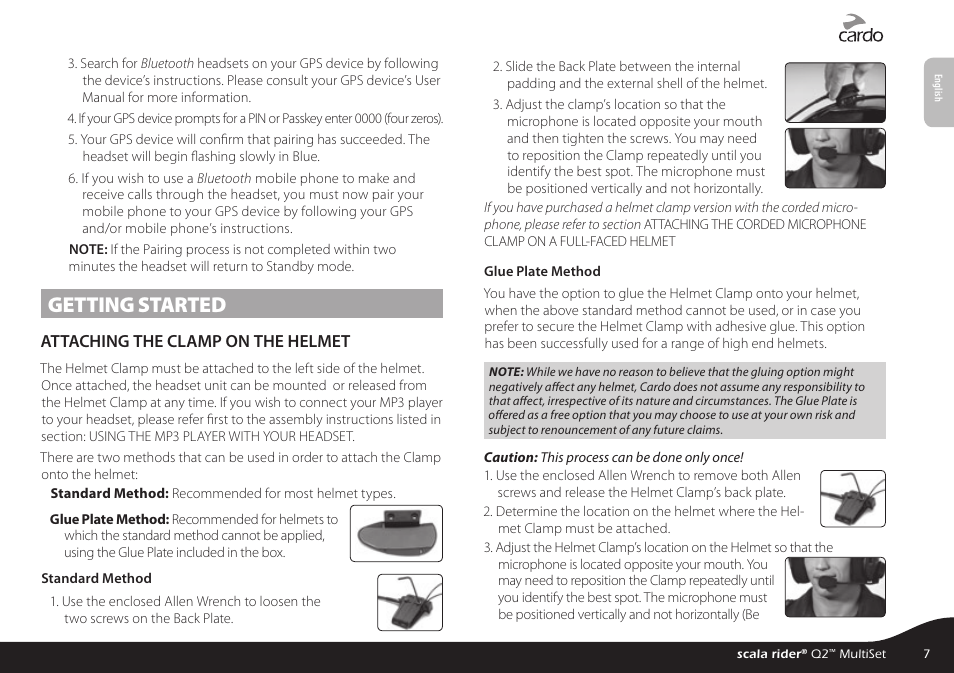 Getting started, Attaching the clamp on the helmet | Cardo Systems SCALARIDER Q2 User Manual | Page 7 / 14