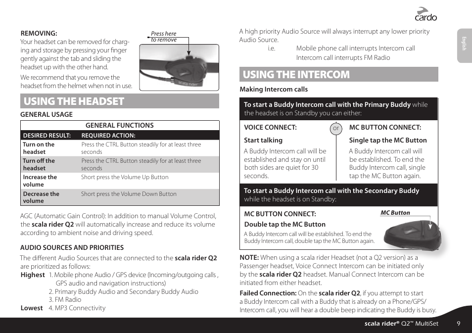 Using the headset, Using the intercom | Cardo Systems SCALARIDER Q2 User Manual | Page 9 / 14