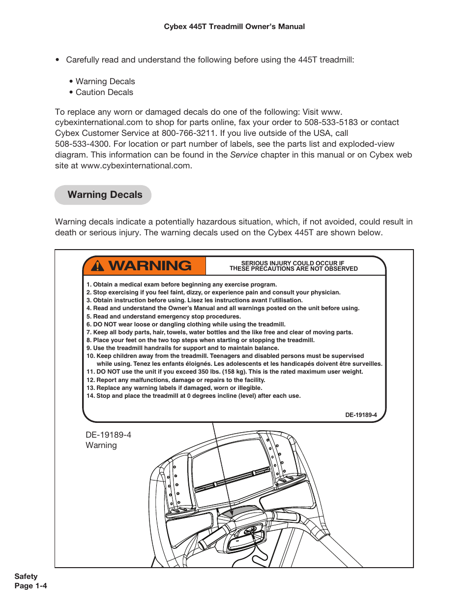 Warning, Warning decals | Cybex CX-445T User Manual | Page 10 / 67