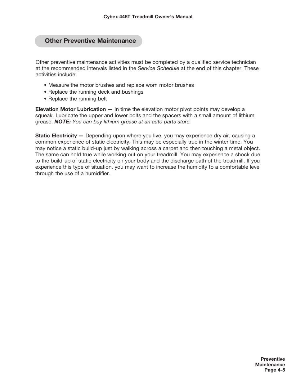 Other preventive maintenance | Cybex CX-445T User Manual | Page 45 / 67