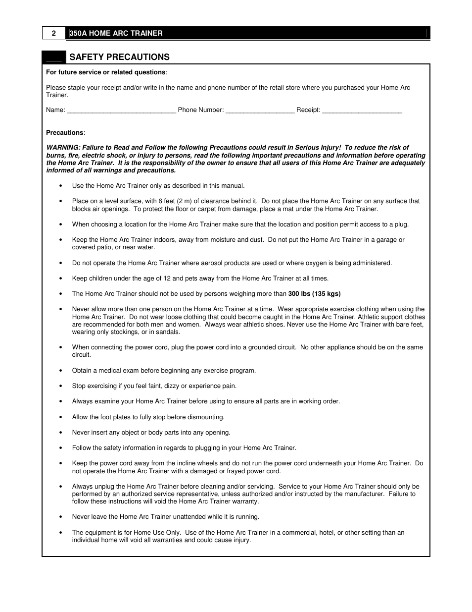 Safety precautions | Cybex 350A User Manual | Page 2 / 44