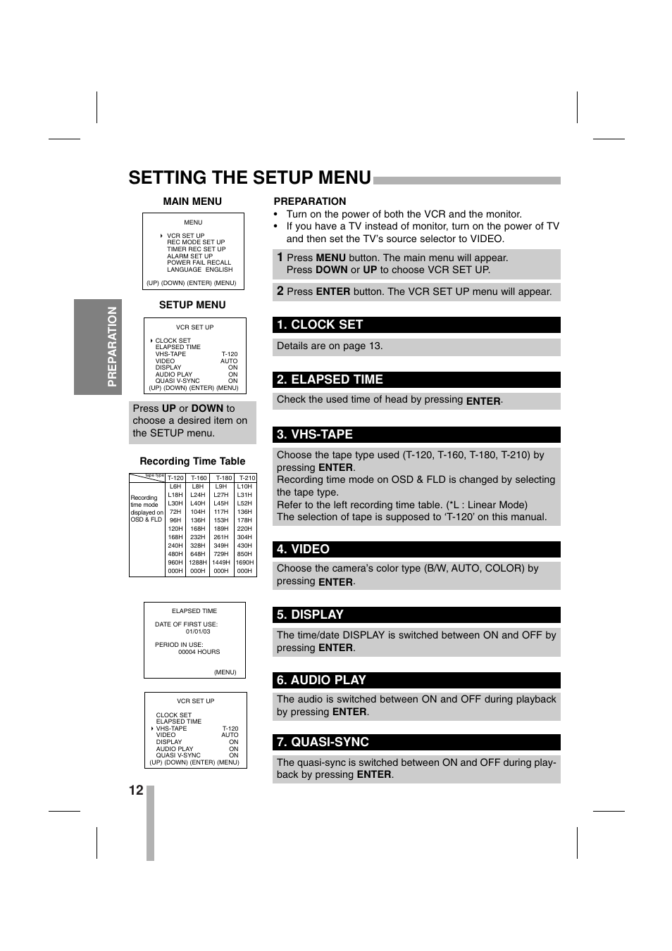 Setting the setup menu, Quasi-sync, Video | Prep ara tion, Recording time table | CBC CTR-030NC-2 User Manual | Page 14 / 33