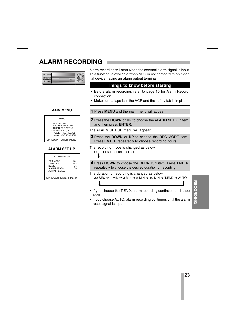 Alarm recording, Things to know before starting 1 | CBC CTR-030NC-2 User Manual | Page 25 / 33