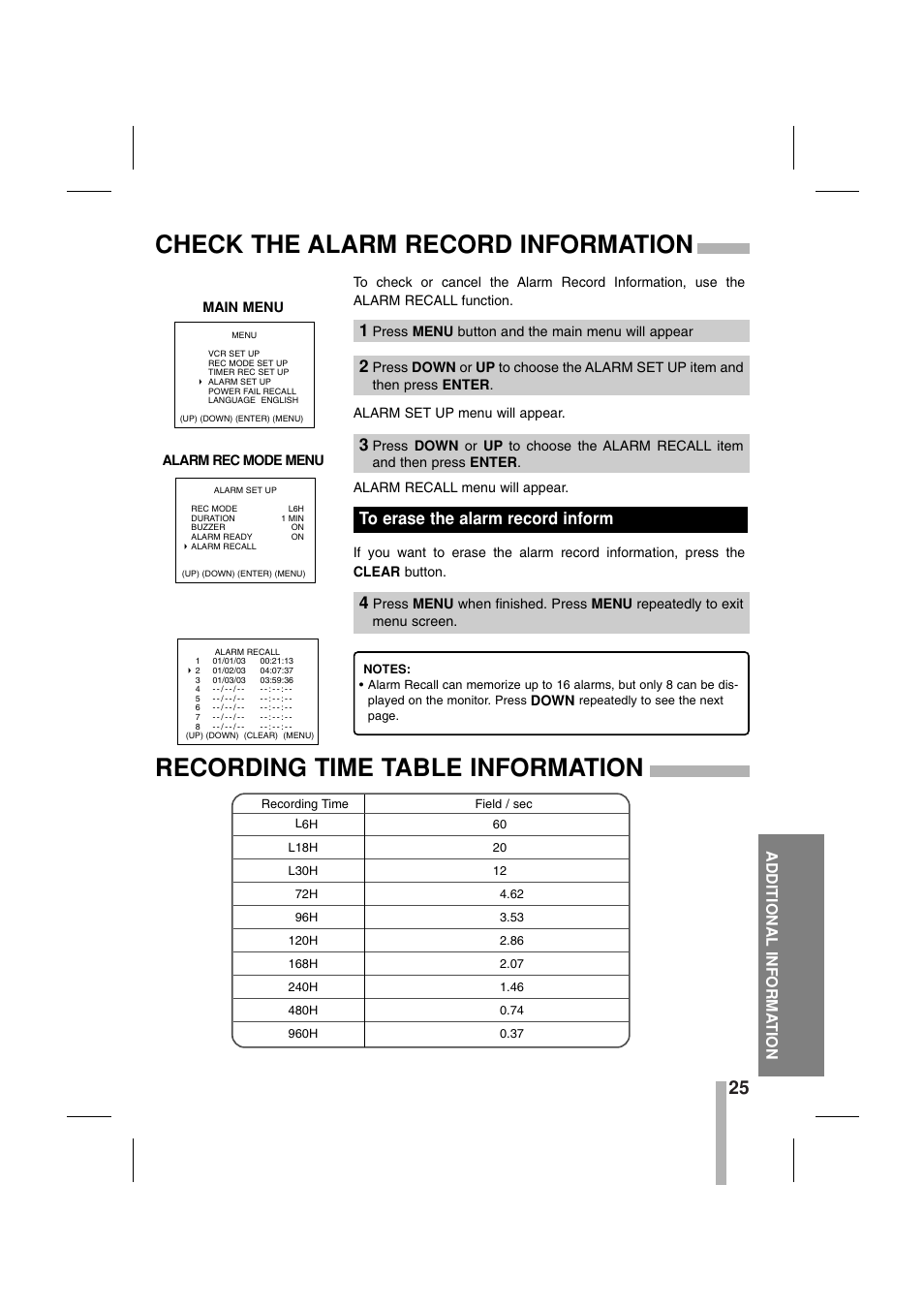 Check the alarm record information, Recording time table information, Additional informa tion | CBC CTR-030NC-2 User Manual | Page 27 / 33