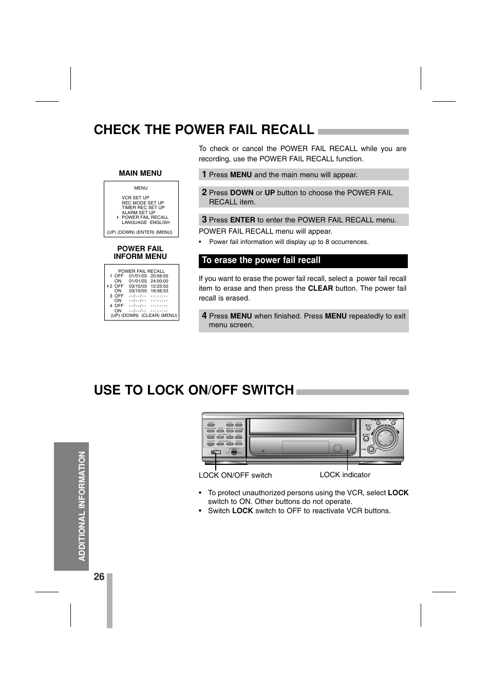 Check the power fail recall, Use to lock on/off switch, Additional informa tion | Press menu and the main menu will appear, On off lock on/off switch lock indicator | CBC CTR-030NC-2 User Manual | Page 28 / 33