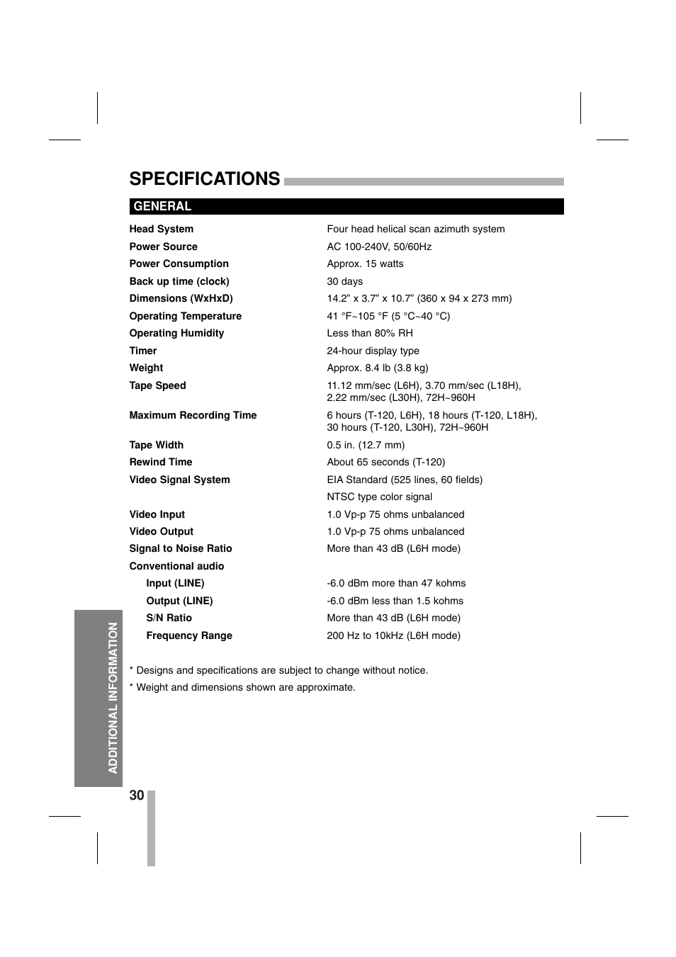 Specifications | CBC CTR-030NC-2 User Manual | Page 32 / 33