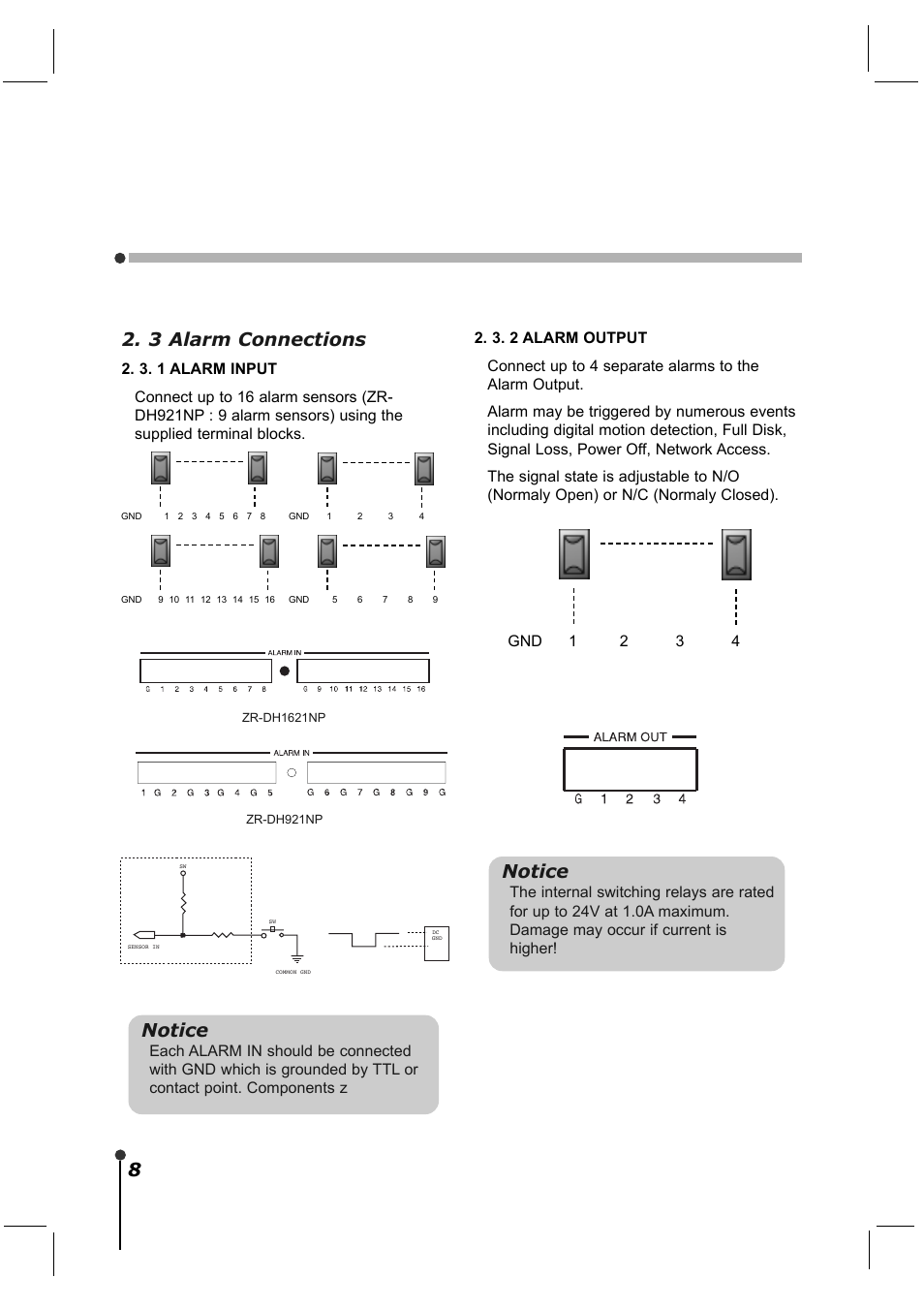 3 alarm connections, Notice | CBC ZR-DH921NP User Manual | Page 18 / 51